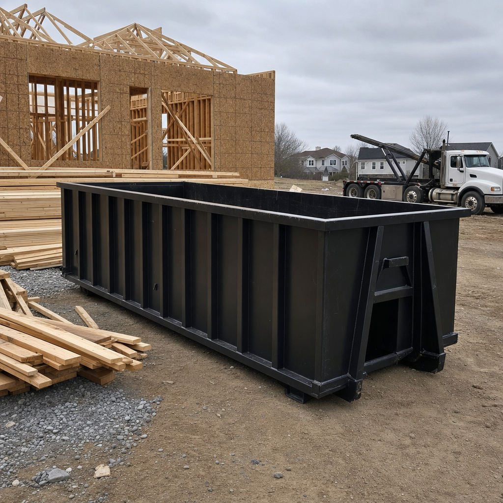 Matte-black 40-yard roll-off dumpster staged on a framed-out residential construction site in Westmont, framing lumber stacked nearby, hooklift delivery truck visible in the background under bright Colorado daylight