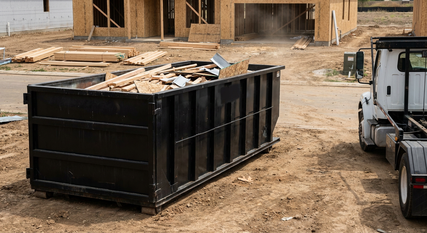 Matte-black 20-yard roll-off construction dumpster with heavy ribbed steel sidewalls and swing rear doors at a working jobsite in Westmont, sitting directly on compacted dirt with an unmarked white hauler partially visible at the far edge of the frame.