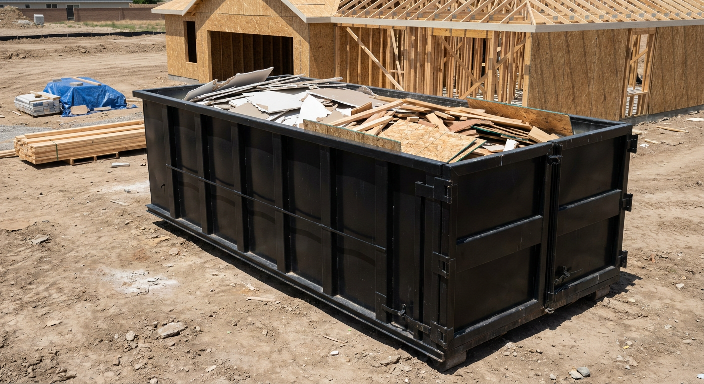 Matte-black 30-yard roll-off construction dumpster sitting directly on the compacted-dirt site of a framed single-family home build in Westmont, drywall and lumber scrap loaded inside.