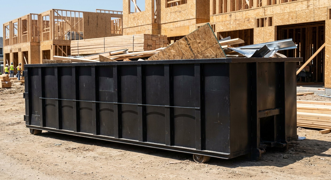 Matte-black 40-yard roll-off construction dumpster being lowered from a white-cab hooklift delivery truck onto the compacted-dirt jobsite at a commercial build site in Westmont