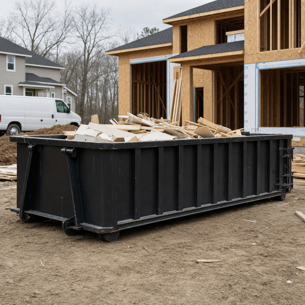Worker in a yellow high-visibility vest tossing framing lumber and broken drywall into a matte-black 30-yard construction roll-off dumpster on an active build site in Westmont, bright daylight