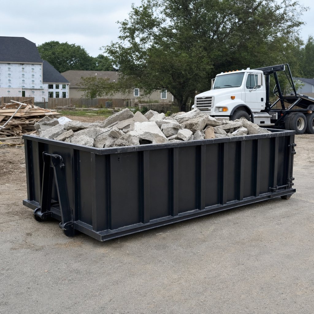 Low-profile matte-black lowboy roll-off dumpster loaded with broken concrete slab and rebar at a foundation tear-out in Westmont, skid steer parked beside it, sunny Colorado morning