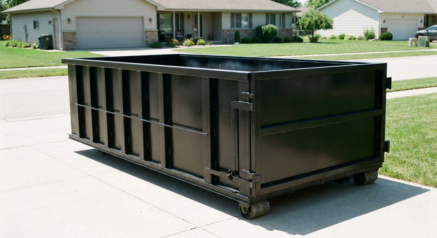 Matte-black 10-yard roll-off dumpster on a residential concrete driveway in Westmont, uniformly painted matte black across every panel and rail, ribbed steel sidewalls and rear swing door visible, mid-day daylight.