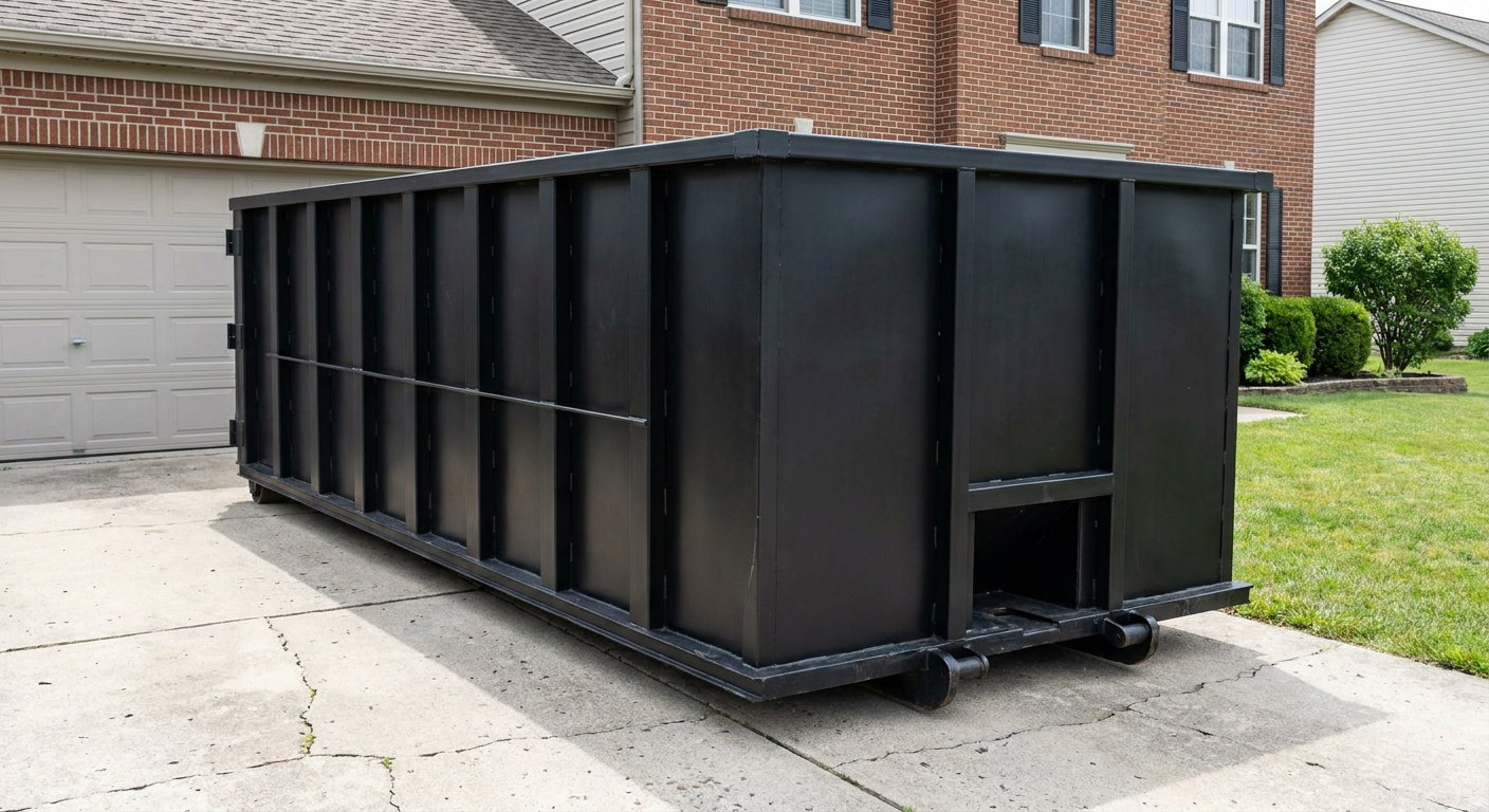 Matte-black 20-yard roll-off container on a Westmont residential concrete driveway with reinforced ribbed steel sidewalls and a hinged rear walk-in door, clean bright daylight.