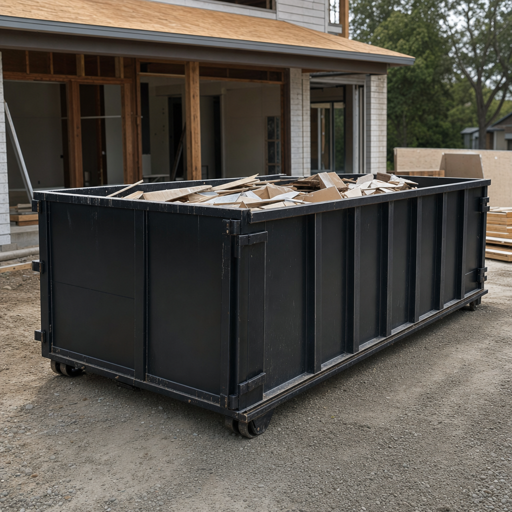 Large matte-black 30-yard construction roll-off dumpster at an active Westmont jobsite, steel-gray top rails and bottom rollers visible, loaded with construction debris.