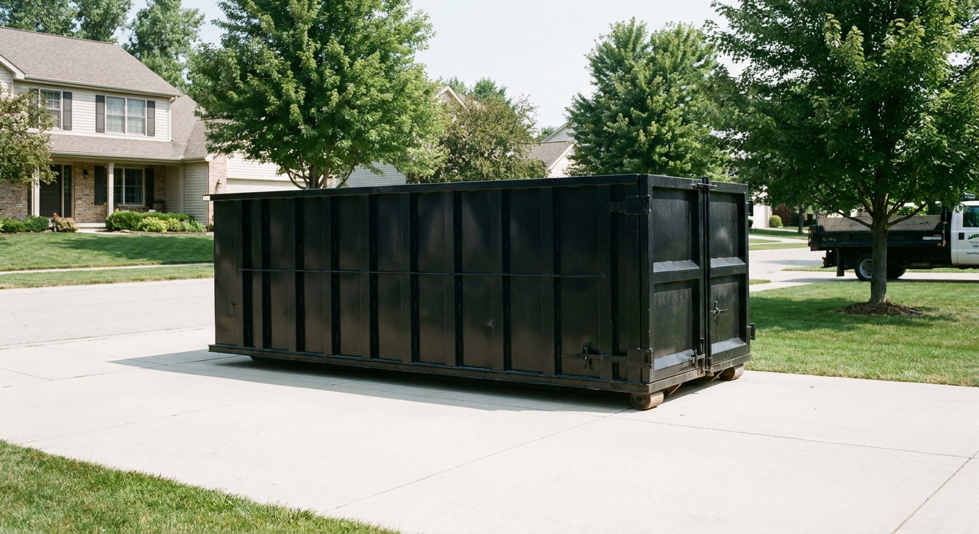 Matte-black 20-yard roll-off dumpster sitting level on a clean Westmont residential concrete driveway under bright daylight, demonstrating clean placement directly on the concrete.