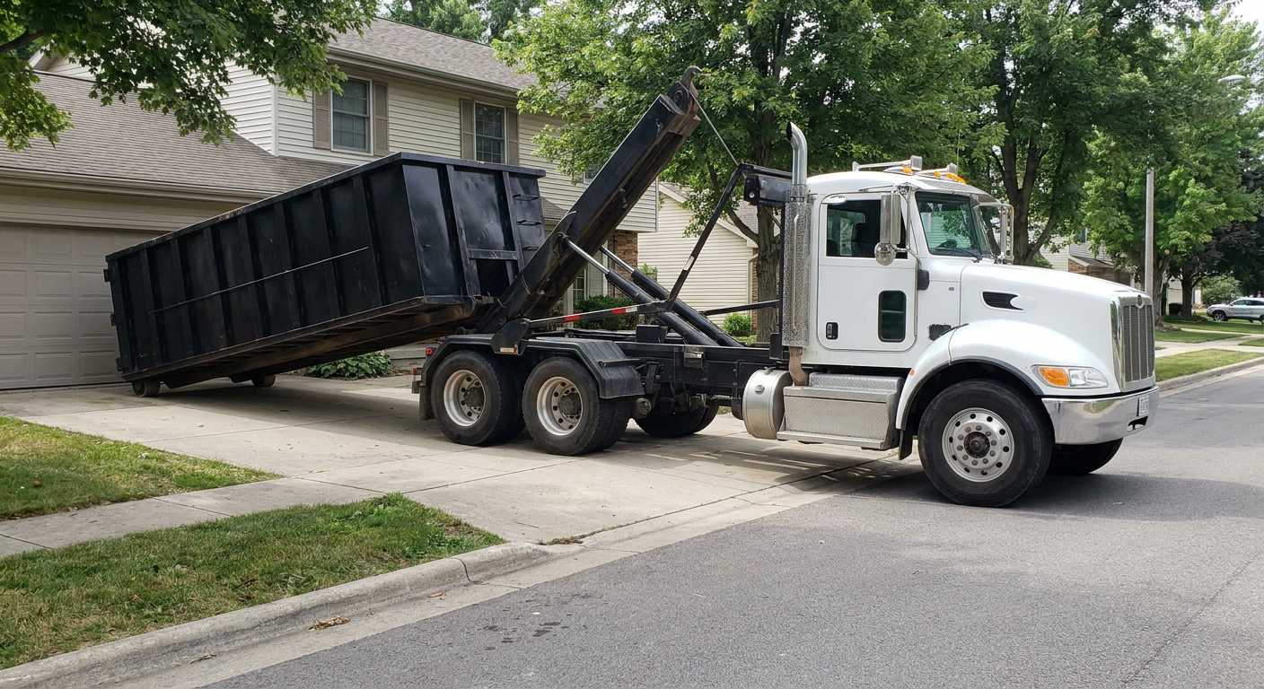 White-cab hooklift roll-off truck actively lowering a matte-black dumpster onto a Westmont residential concrete driveway, the dumpster's rear wheels touching the driveway as the hoist arm tilts the bed forward, mid-morning daylight.