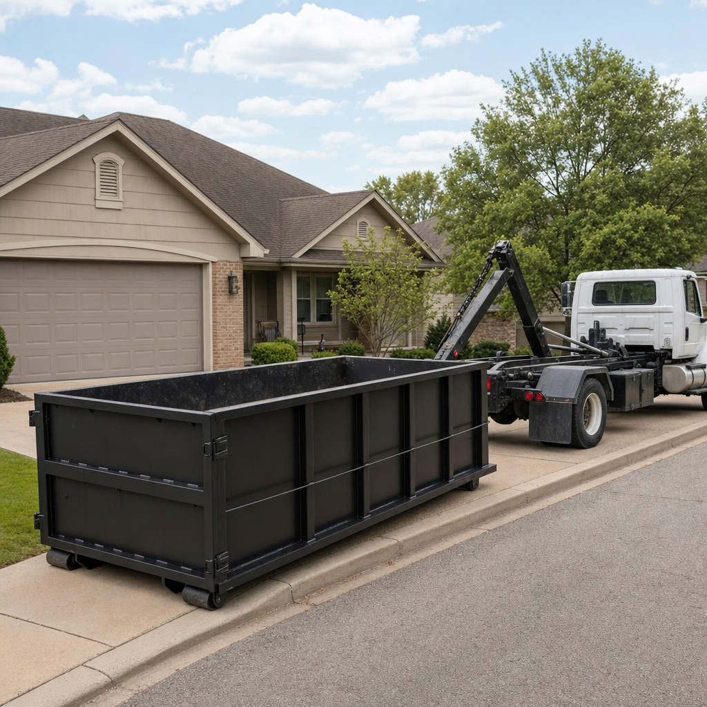 Wide documentary shot of a matte-black roll-off dumpster on a Westmont residential driveway in the foreground and a contractor jobsite container in the soft-focus background, bright daylight, calm and orderly composition.