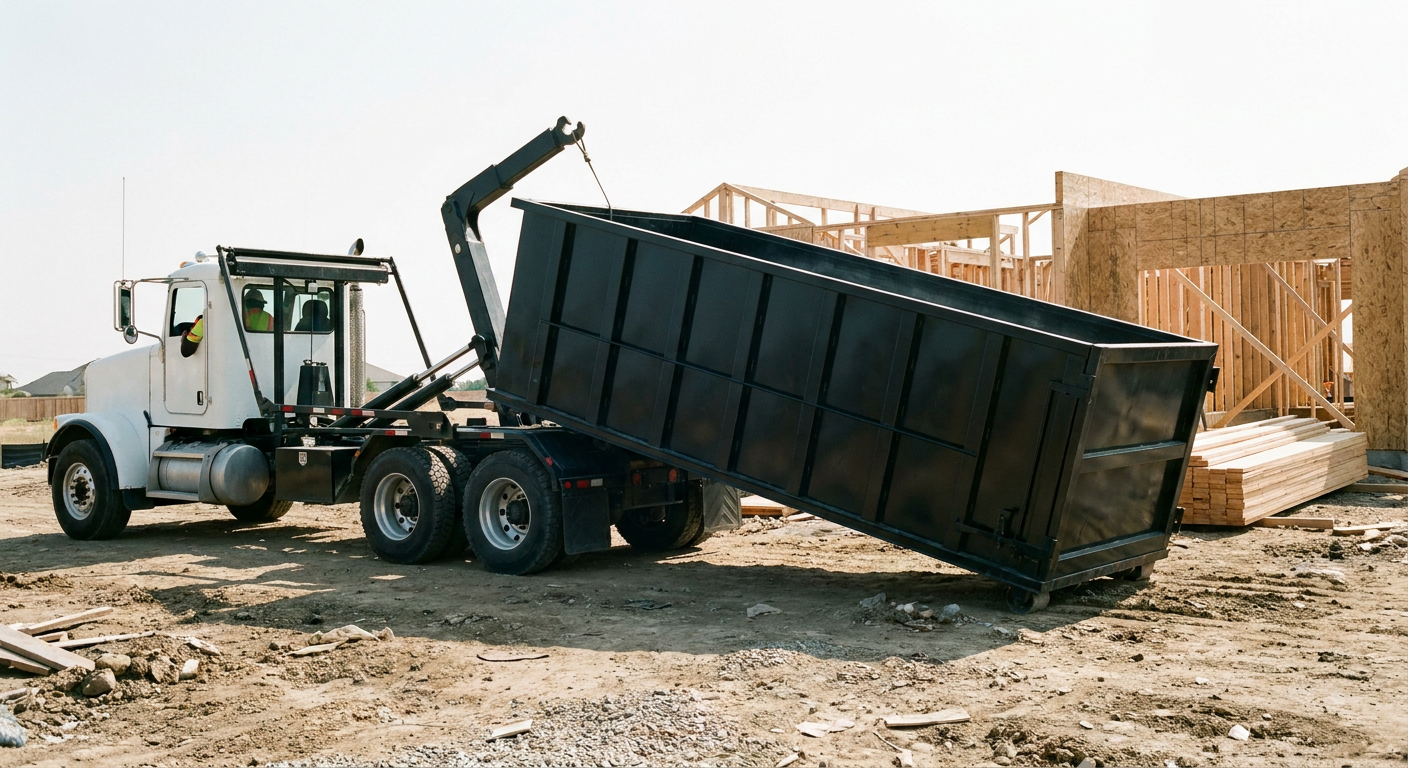 Matte-black roll-off dumpster being delivered onto a clean residential concrete driveway in Westmont by an unmarked white hooklift hauler truck, bright morning daylight, documentary 35mm perspective.
