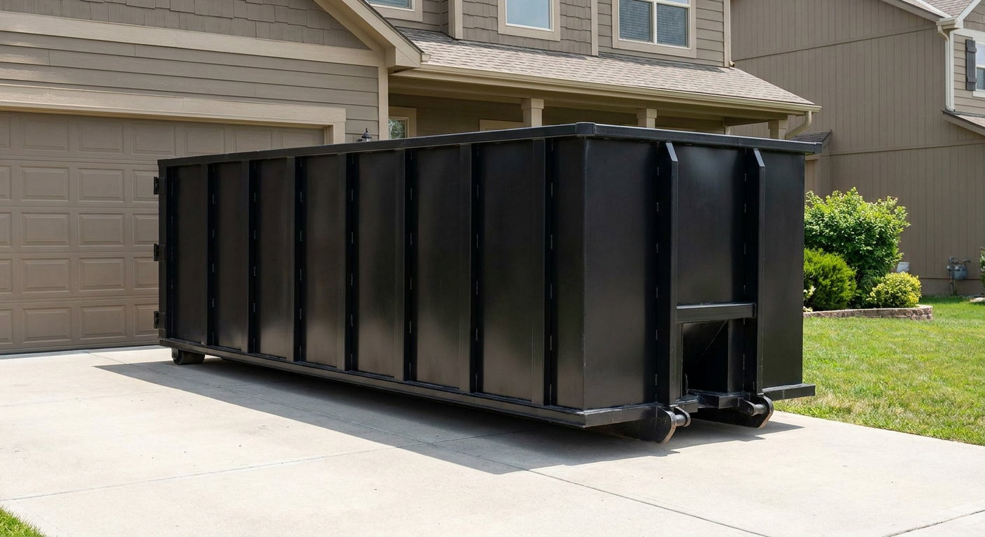 Matte-black residential roll-off dumpster sitting directly on a suburban Westmont concrete driveway, garage door closed, single-family home in background, bright morning daylight.