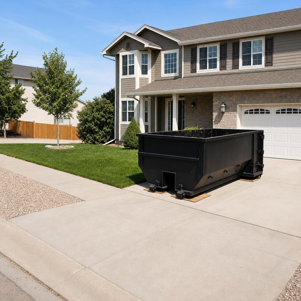 10-yard matte-black residential dumpster placed directly on a narrow Westmont concrete driveway, room remains for a parked sedan beside it, mid-morning natural light