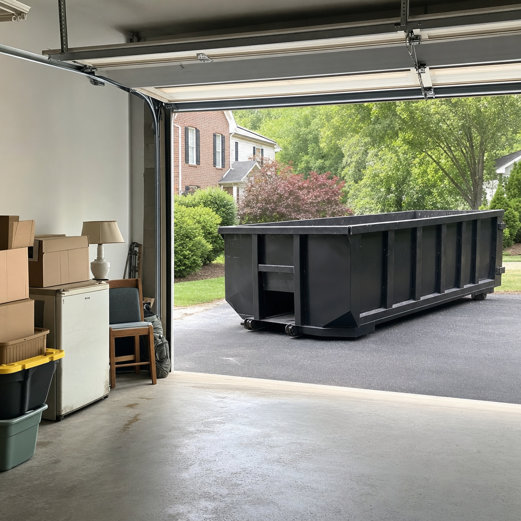 Open garage interior in a Westmont home mid-cleanout — boxed items, an old appliance, and stacked yard tools queued near the driveway for a matte-black roll-off dumpster, organized and calm