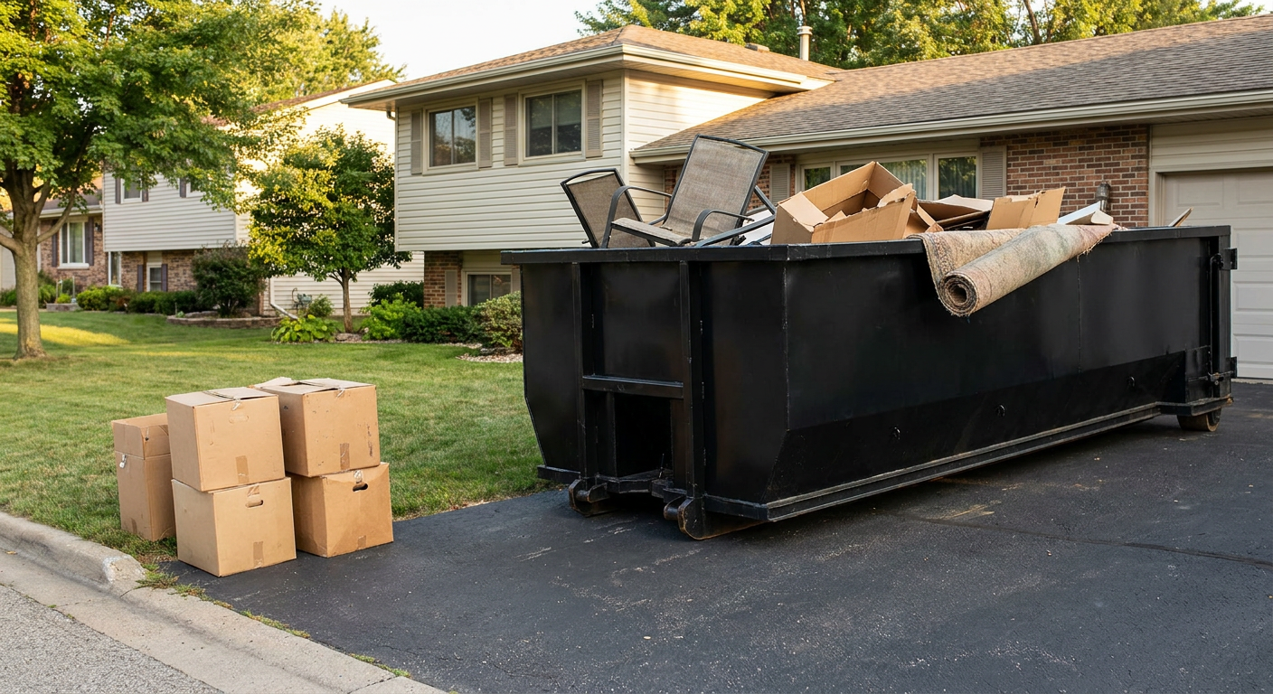 Front-yard view of a Westmont split-level home with a 20-yard matte-black roll-off dumpster sitting directly on the asphalt driveway, a few clearly labeled donation boxes staged at the curb, calm sunny afternoon.