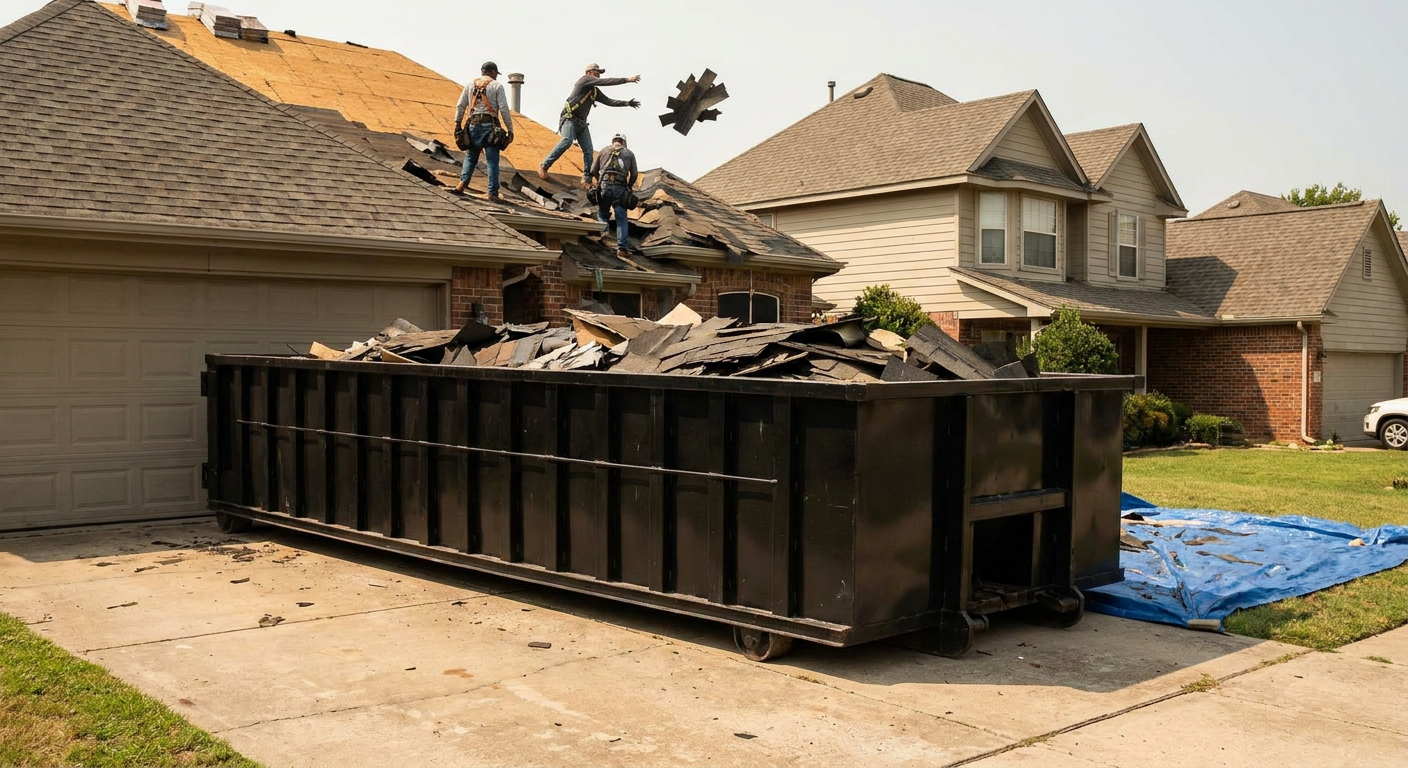 Matte-black roofing roll-off dumpster placed directly on a Westmont residential concrete driveway, a tear-off crew on a two-story asphalt-shingle roof tossing shingle bundles into the low-walled container, bright daylight, documentary 35mm perspective.
