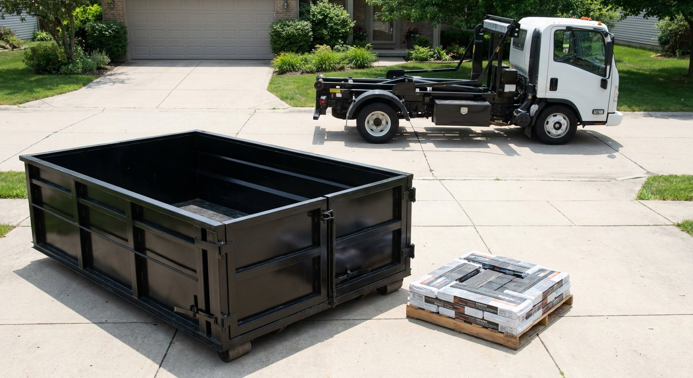 Matte-black 15-yard roofing roll-off dumpster with reinforced low side walls sitting directly on a Westmont residential concrete driveway, three-tab asphalt shingle bundles stacked nearby, an unmarked white hauler truck partially visible at the edge of the frame.