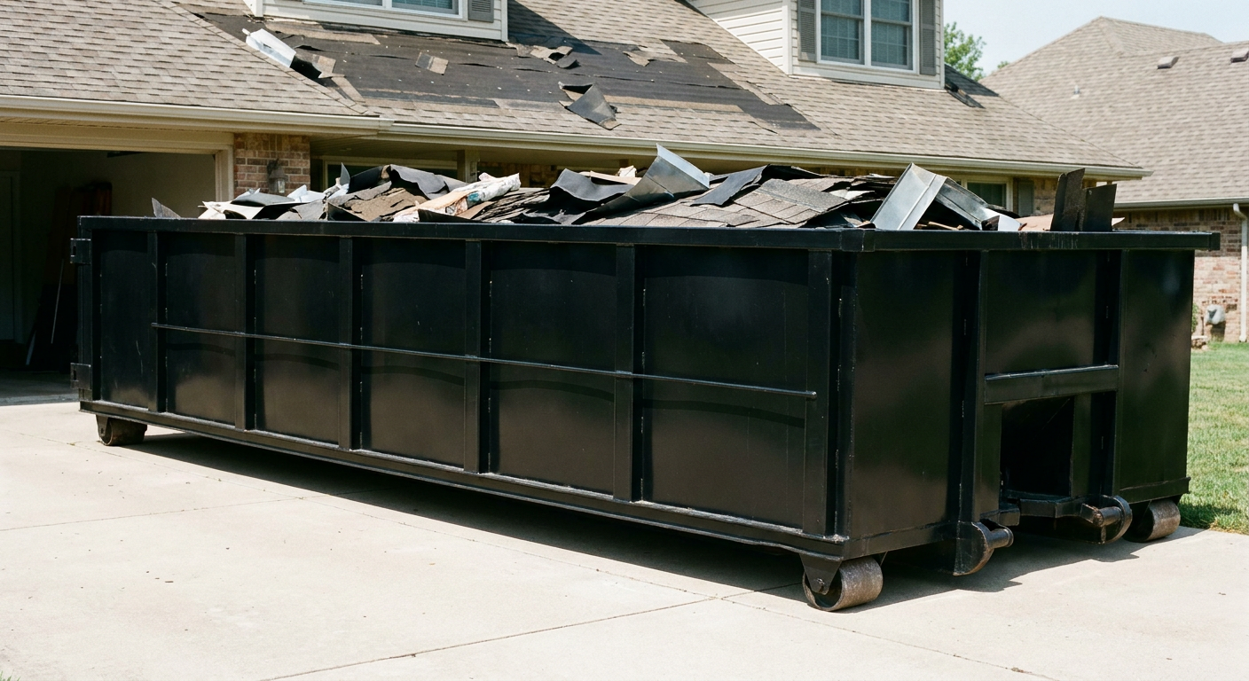 Matte-black 20-yard roofing roll-off dumpster with steel ribbed sides and swinging rear door, sitting directly on the concrete driveway of a two-story Westmont home, asphalt shingle debris being loaded over the low wall, clean documentary lighting.