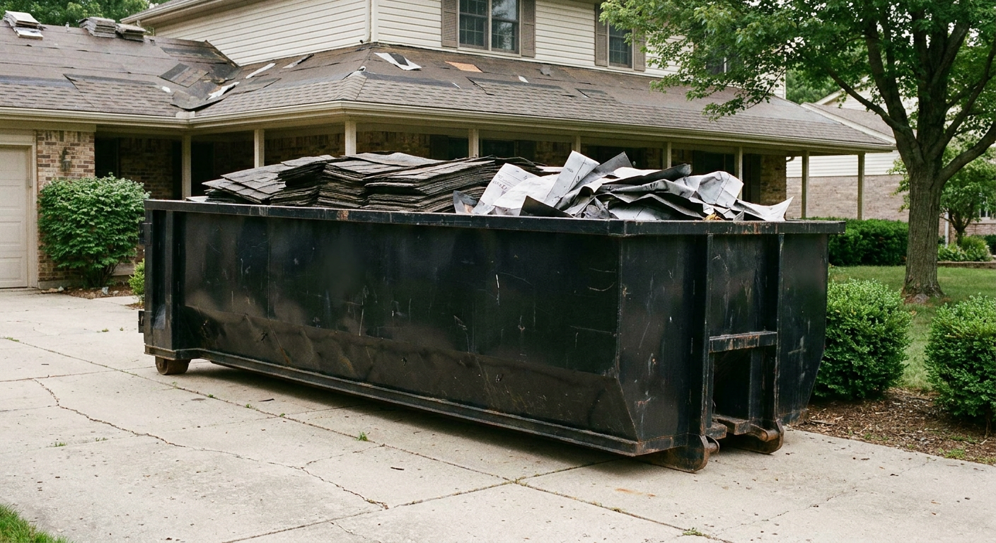 Matte-black 30-yard roofing roll-off dumpster sitting directly on a Westmont concrete driveway, taller ribbed steel side panels, mixed tear-off debris of asphalt shingles and underlayment inside, professional documentary daylight.