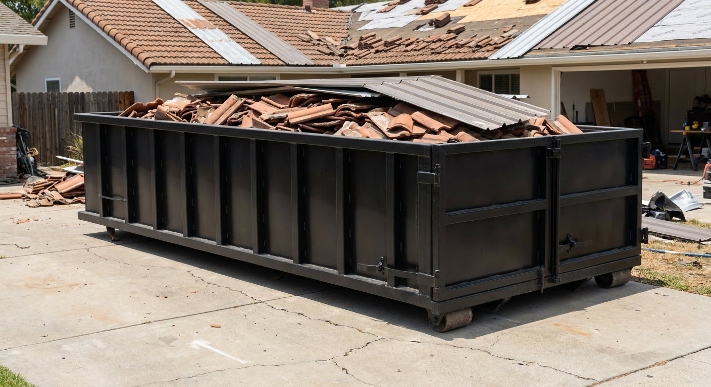 Matte-black low-wall heavy-debris roofing roll-off dumpster sitting directly on a Westmont concrete driveway, broken concrete clay roof tiles and metal panel sections loaded inside, reinforced ribbed steel side walls visible, bright outdoor daylight.