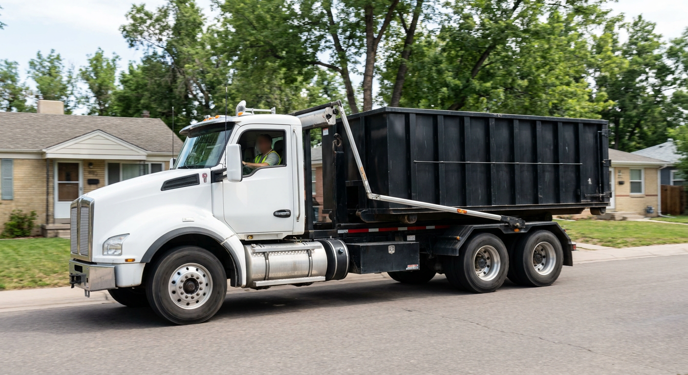 A wide documentary shot of a matte-black roll-off delivery truck pulling onto a quiet Westmont residential street at mid-morning, with neighborhood rooftops and tree-lined blocks visible behind, showing the metro coverage footprint.