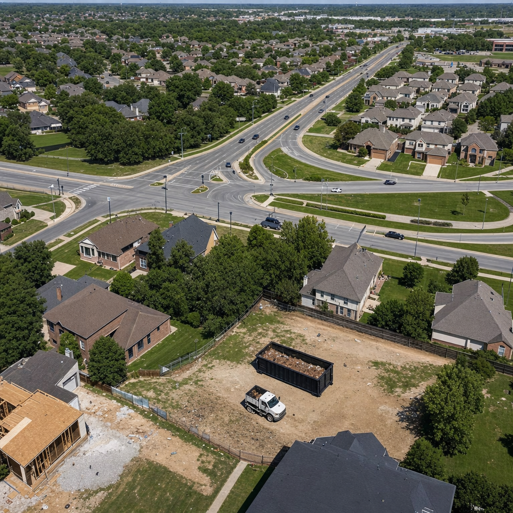 An overhead documentary view of the Westmont metro area at midday, showing the spread of neighborhoods, arterial roads, and the dispatch radius from a central yard — clean daylight, organized geographic layout.