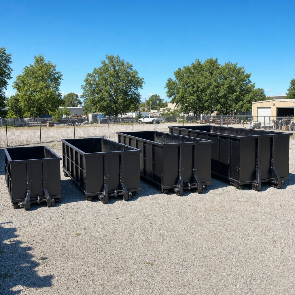A clean lineup of matte-black roll-off dumpsters in 10, 20, 30, and 40-yard sizes staged on a sunlit gravel yard in Westmont, showing the size progression from compact to commercial-scale containers.