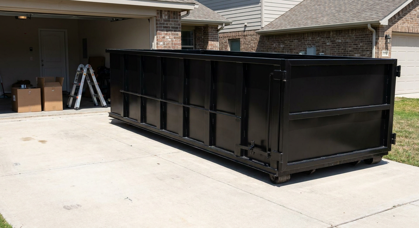 A matte-black 10-yard roll-off dumpster sitting directly on a residential Westmont concrete driveway, mid-day sunlight, clean and ready for a garage cleanout.