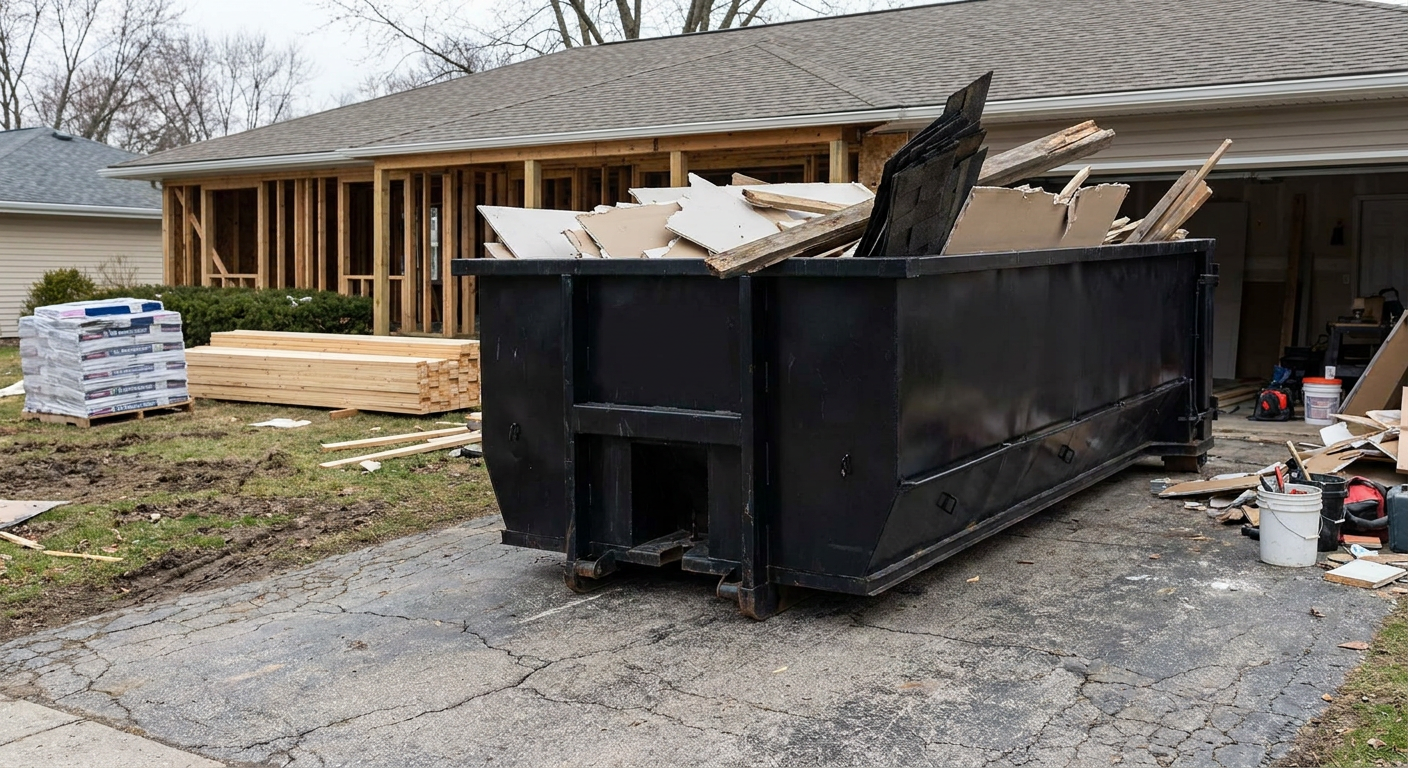 A matte-black 20-yard roll-off dumpster placed alongside a mid-renovation Westmont home directly on the asphalt driveway, with framing materials and torn-off shingles staged neatly nearby.
