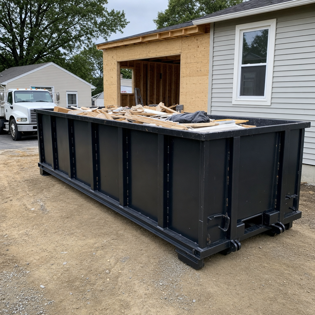 A matte-black 30-yard roll-off dumpster positioned at a Westmont residential addition jobsite, with framing lumber and drywall scraps loaded through the open swinging rear doors.