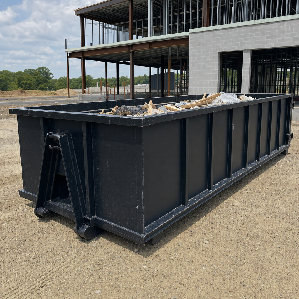 A matte-black 40-yard roll-off dumpster staged on a large Westmont commercial construction lot, with a hooklift delivery truck parked alongside under bright midday sky.