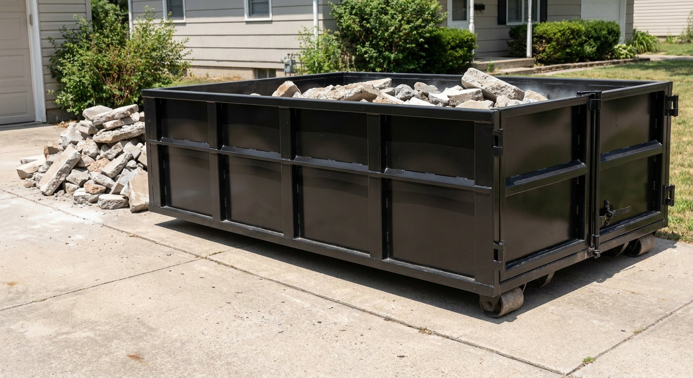 A matte-black low-side heavy-debris roll-off dumpster placed directly on a Westmont concrete driveway, with broken concrete chunks neatly stacked beside it under clean daylight.